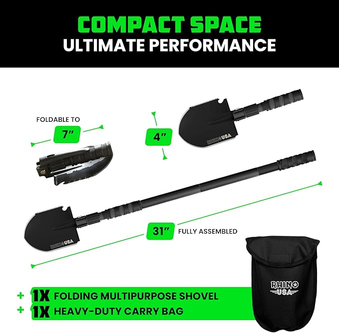 Rhino USA Survival Shovel w/Pick - Heavy Duty Carbon Steel Military Style Entrenching Tool for Off Road, Camping, Gardening, Beach, Digging Dirt, Sand, Mud & Snow. (Survival Shovel)
