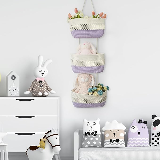 danpinera Over the Door Hanging Baskets for Organizing, 3-Tier Hanging Wall Basket for Storage, Woven Cotton Rope Baskets Storage Decorative for Nursery, Bedroom, Living Room, Kitchen, White & Violet
