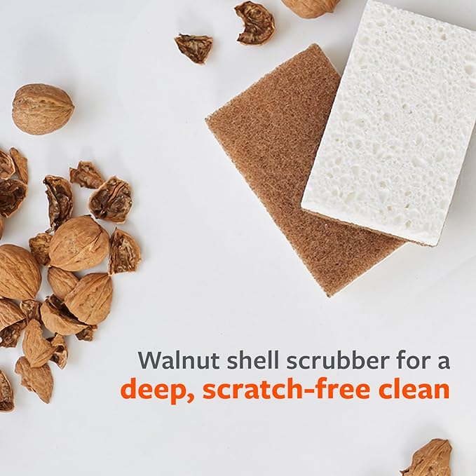Full Circle Nutcase, Plant-Based Scrubber Sponges – Pack of 6 – 3 Walnut & 3 Coconut – Powerful Natural Sponges Made with Plants & Recycled Materials, Safe for Nonstick