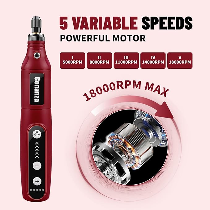 GONANZA Mini Cordless Rotary Tool Kit - 5-Speed, 3.7V Power Supply with LED Light 62 Accessories for Engraving, Sanding, Polishing, Type-C Rechargeable Perfect for DIY Crafts and Precision Work(Red)