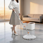 Floor Spin Mop and Bucket Set with Wringer System Extended Stainless Steel Handle 61＂for Home Floor Cleaning Use with 5 Replacement Head Refill and 1 Cleaning Brush Head