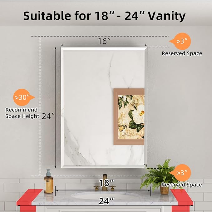 16x24 Inch Medicine Cabinet with Mirror, Aluminum Bathroom Mirror Cabinet, Beveled Edge Mirrored Single Door, Adjustable Shelves, Surface or Recessed Mount Mirrors with Storage, Black