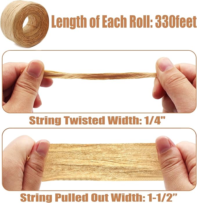 Anvin 2 Rolls Natural Raffia Paper Ribbon Matte Twine Raffia Ribbon Paper Decorative String for Festival Gift Wrapping, Crafts and DIY 1/4" Wide by 330 Feet Each Roll (Natural Color)