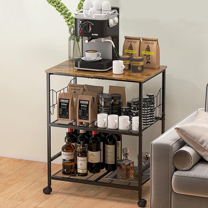 Rolling Kitchen Microwave Cart with Wheels, 3 Tier Microwave Storage Cart with Adjustable Shelves, Coffee Table, Utility Cart for Kitchen, Living Room, Office, Laundry Room