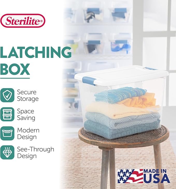 Sterilite 24-Pack Latching Box, Under Bed Storage Bins with Lids, Clear Plastic, 25 Quart - Heavy-Duty Organizing Containers for Closet, Bathroom, and Office