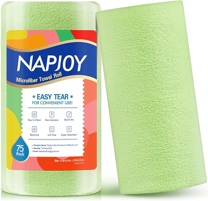 Napjoy Microfiber Cleaning Cloth Roll, 75PK Easy Tear Away Reusable Paper Towels, 12" x 12", Ultra Soft Micro Fiber Dish Cloths for Kitchen, Housekeeping, Window, Car, Garden, Bathroom, Green