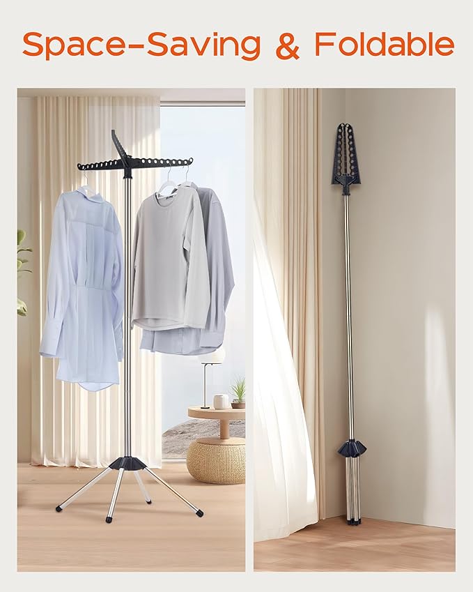Clothes Drying Rack Foldable, 59 inch Tripod Laundry Drying Rack Indoor with Rotating Clothes Rail for 27 Pieces of Clothes, Space Saving, Stainless Steel, Black and Silver CDR001B01