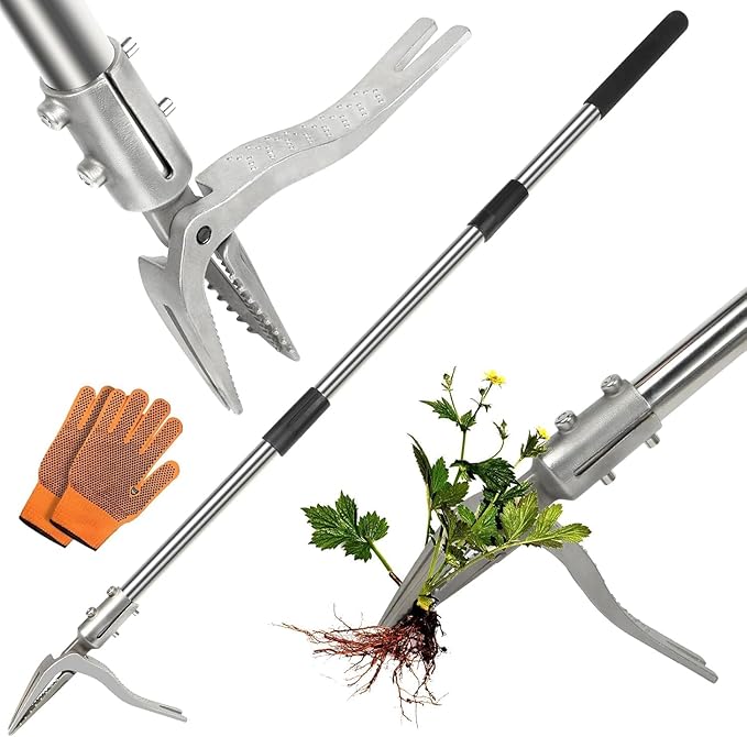 Weed Puller Tool with Gloves, Manual Stand Up Weeding Picker Tool, Heavy Duty Weeder Remover Tool with 4 Claw Steel Head for Garden, Yard, Lawns, Sidewalk, Grass