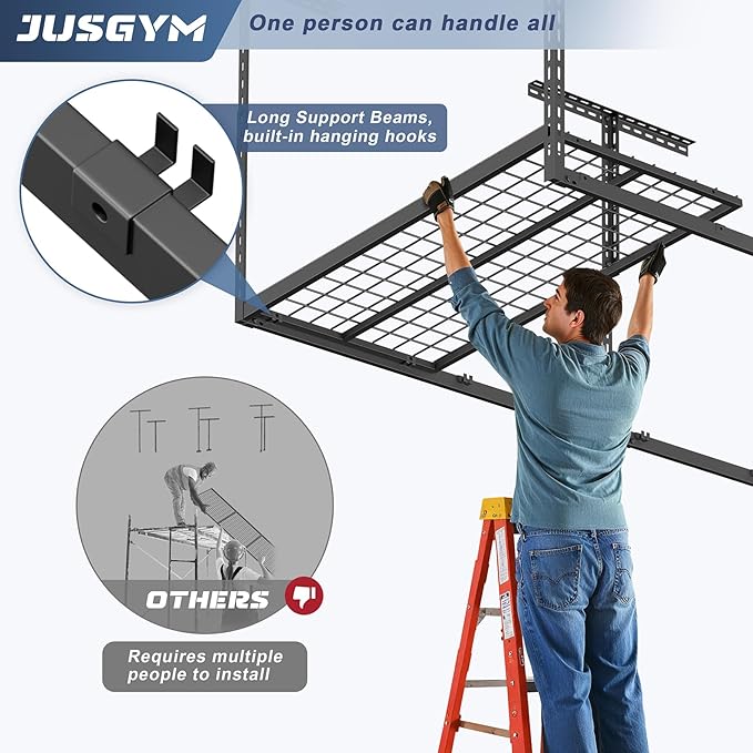 4X8FT Overhead Garage Storage Rack, 22"-48" Height Adjustable Garage Ceiling Storage Racks, Heavy Duty Metal Overhead Storage Organizer System, 600LBS Weight Capacity