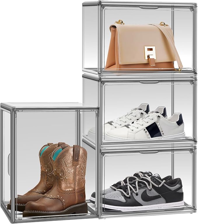 4 Pack Clear Shoes Storage Box Organizer Acrylic Sneaker Shoe Display Case Stackable Storage Organizer with Lid,Black Size 14