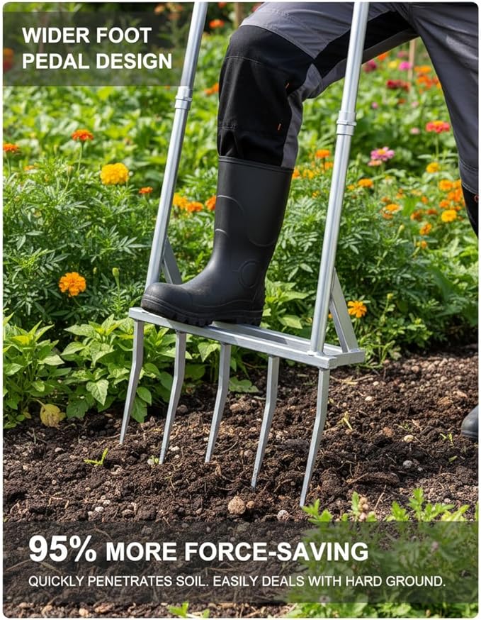 5-Tine Broad Fork Heavy Duty Garden Fork Built Tough for Lasting Durability Loosen and Aerate Clay Soil on Farms and in Home Gardens