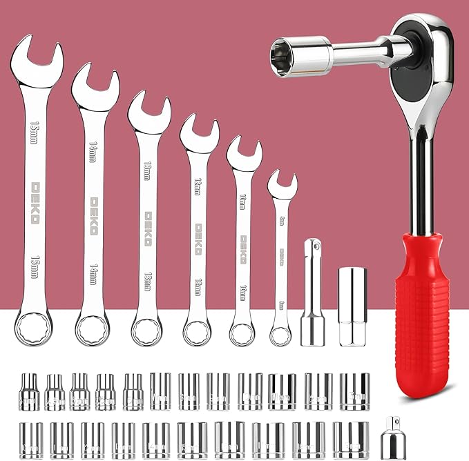 DEKOPRO Tool Set:228 Piece Home Tool Kit, Household Basic Repair Tool Set Comes with Plastic Storage Case, Socket Wrench Set for Car-Red