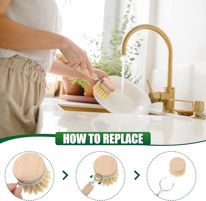 8 Pcs Bamboo Dish Brush Dish Washing Scrub Bottle Brush Wooden Palm Pot Brush Cleaning Scrubbers with Natural Sisal Bristles Long Handle for Pots Pans, Bottle, Sink, Vegetables, Household Cleaning