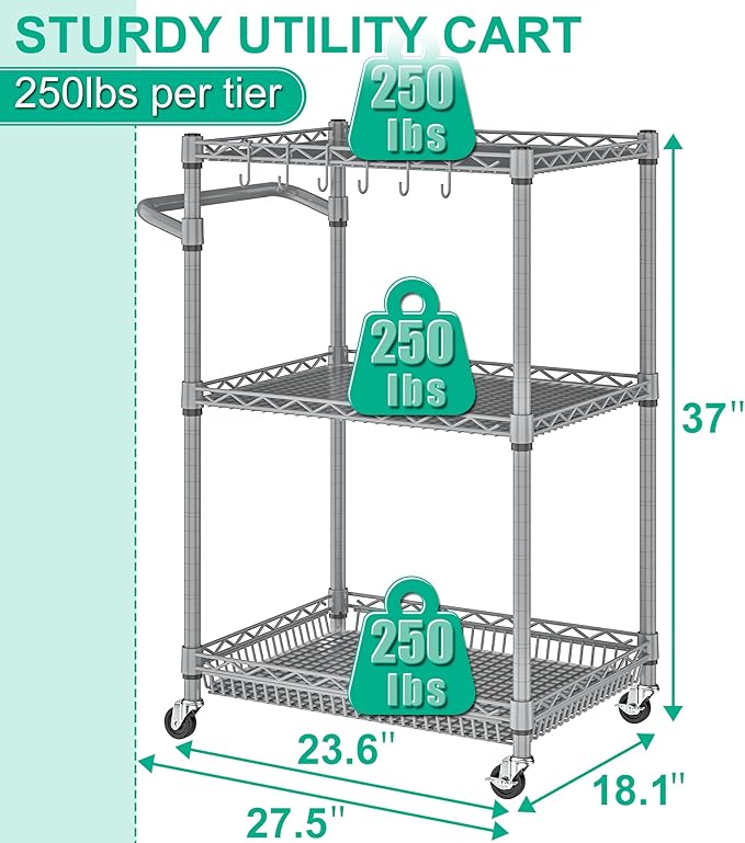 Metal Rolling Cart, 3 Tier Kitchen Cart with Wheels Wire Utility Trolley with Handle, Heavy Duty Tiered Rolling Shelf Trolley for Food Serving Tools Storage, Gray