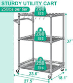 Metal Rolling Cart, 3 Tier Kitchen Cart with Wheels Wire Utility Trolley with Handle, Heavy Duty Tiered Rolling Shelf Trolley for Food Serving Tools Storage, Gray
