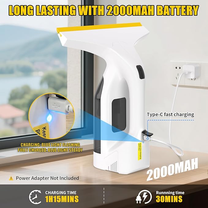 WV-03 Electric Window Vacuum Squeegee Cordless 11", Window Vac with 2.2KPA MAX Suction, Perfect for Showers, Mirrors, Glass, Countertops
