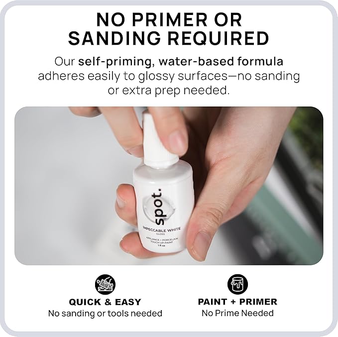 spot. Touch Up Paint, Porcelain + Appliance Repair Kit, for Chips, Scratches, Cracks, and Spots on Tiles, Metal Surfaces, Ceramics, and Fiberglass, White Gloss, 1 Fl Oz