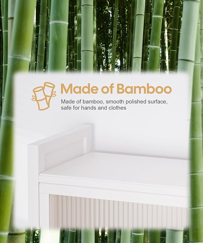 Over The Toilet Storage Cabinet with Drawer and Flip Door, Bamboo Bathroom Organizer Shelf with Anti-Tip Design and Waterproof Feet Pad,Freestanding Rack Above WC Space Saver (White)