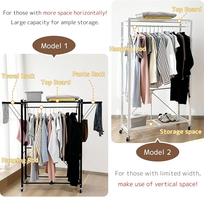 lumizone Folding Clothing Rack with Wheels Expandable Wardrobe Portable Clothes Rack for Hanging Clothes Adjustable Closet Shelves Garment Rack Durable Closet Racks for Hanging Clothes(White)