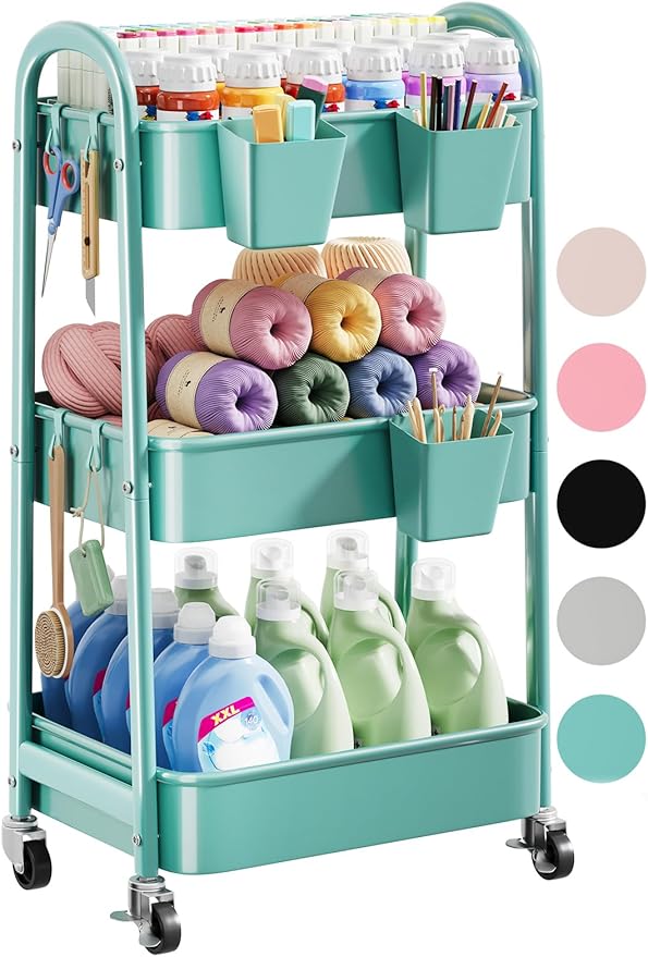 Green 3 Tier Rolling Cart Metal with Lockable Wheels, Three Tiered Craft Cart Organizer on Wheels, Utility Storage Carts for Art, Baby Supplies, Diaper Caddy, Snack, Pantry, Nail, Lash, Cleaning
