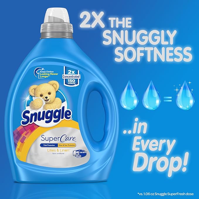 Snuggle SuperCare Laundry Fabric Softener Liquid, Lillies & Linen, 2X Concentrated Fabric Conditioner, 150 Loads
