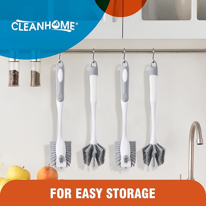 4-Pack Heavy-Duty Dish Scrub Brushes with Stiff Non-Scratch Bristles & Long Handle - Multi-Purpose Kitchen Cleaning Brushes for Pots, Pans, Bottles, Deep Cleaning