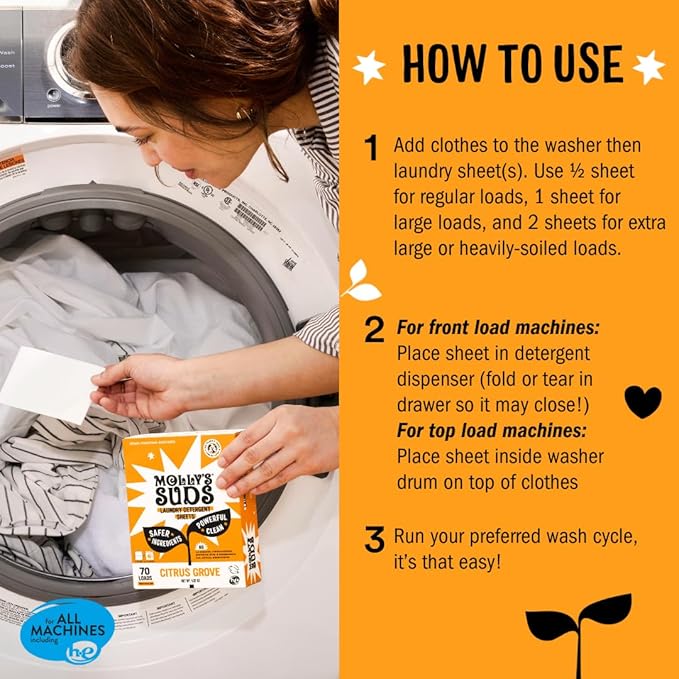 Molly’s Suds Laundry Detergent Sheets | Gentle on Sensitive Skin, Powerful Bio-Based Enzymes, Stain-Fighting | Liquidless & Plastic-Free Packaging | 120 Loads (Citrus Grove)