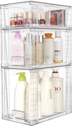 Vtopmart 3 Pack Clear Stackable Storage Drawers,Easy to Assemble Bathroom Organizers and Storage with handles,Plastic Drawers for Kitchen Pantry,Cabinet,Under Sink Organization