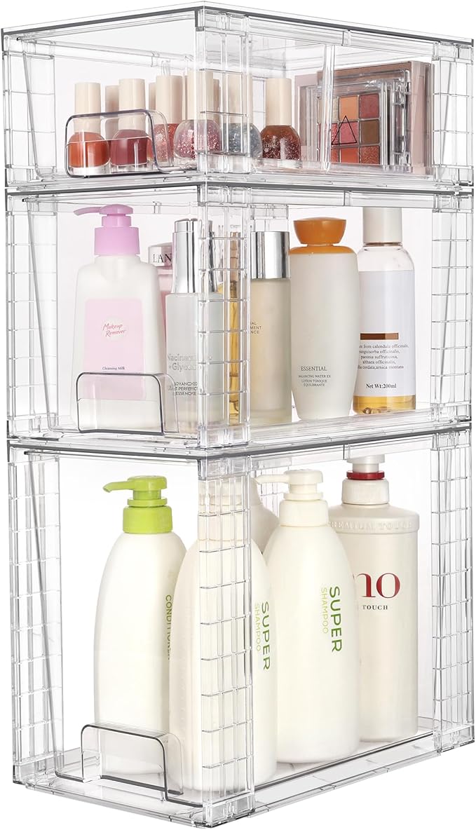 Vtopmart 3 Pack Clear Stackable Storage Drawers,Easy to Assemble Bathroom Organizers and Storage with handles,Plastic Drawers for Kitchen Pantry,Cabinet,Under Sink Organization