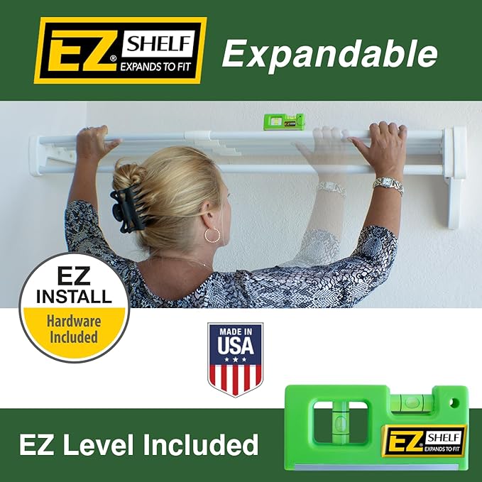 EZ SHELF - Hanging Shelf - Closet Rod - Expands 63.3-118” - White, Closet Shelves - Strong, Holds 200 lbs - DIY, Easy Install - to 2 Side Walls - Alternative to Wire Shelving