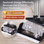 Broom and Dustpan Set with Long Handle and 6 Bonus Cleaning Tools, Upright Standing Combo with Self-Cleaning Teeth & Windproof Dustpan for Pet Hair, Home, Kitchen, Garage, Apartment
