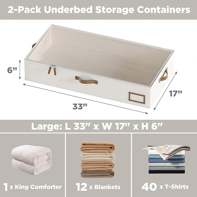 Under Bed Storage, Under Bed Storage Containers Bins for Clothes, Large Linen Underbed Closet Organization Bins, 2 Pack Collapsible Underbed Bin Dorm for Clothes, Sweater, Beige
