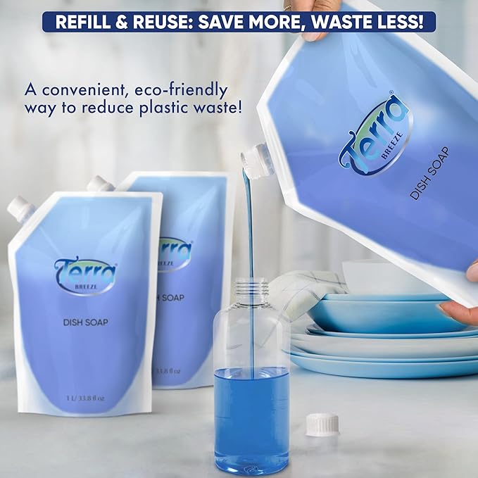 Dish Soap Refill Bag | Non-Toxic, Gentle on Skin | Eco-Friendly Dishwashing Solution for Home Kitchens, Restaurants, and Vacation Rentals | 1 Liter Refill For Small Dispensers