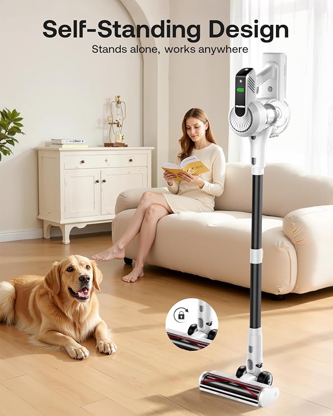 Cordless Vacuum Cleaner, 40Kpa 45Mins Vacuum Cleaners for Home, 8-in-1 Lightweight Stick Vacuum with Powerful Suction, Anti-tangle Wireless Vacuum for Carpet, Tile, Pet Hair, Hardwood Floors, White