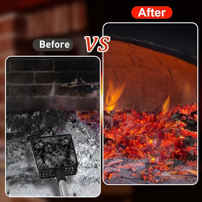 Long Handle Fireplace Ash Sifter, Hollow Out Metal Coal Shovel Adjustable Charcoal Shovel Scoop Heat Resistant Fireplace Tools for Wood Stove Fire Pit Grill (26inch/36inch)