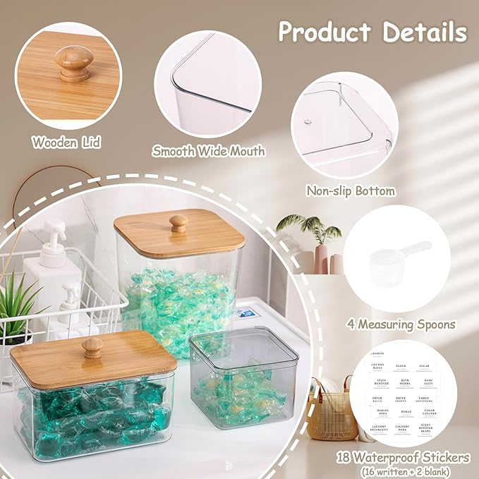 4 Pack Laundry Pods Container,Clear Dryer Sheet Holder & Laundry Room Organization and Storage with Lids, Scoops & Labels for Laundry Detergent, Powder, Dryer Balls, Beads (Mix Colors)