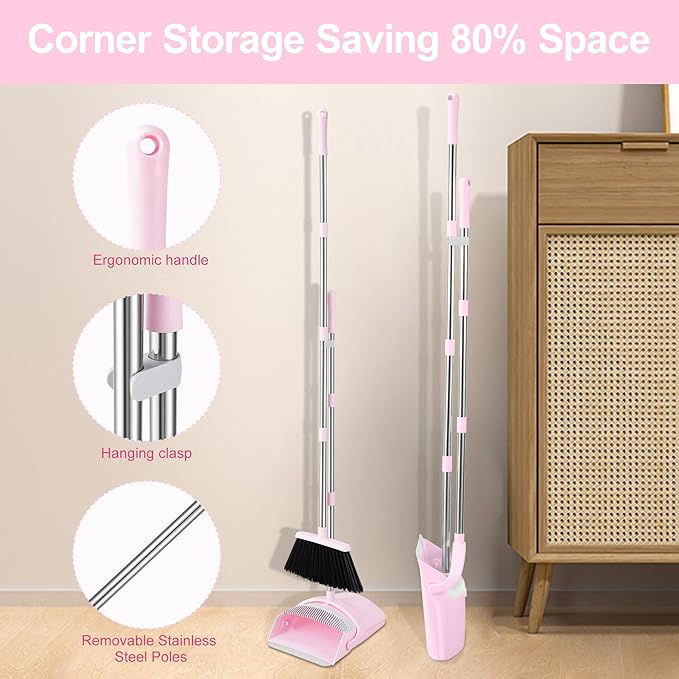Broom and Dustpan Set House Brooms for Sweeping Indoor Collapsible Broom and Dust Pan Combo for Home Office Kitchen Lobby Floor Pet Hair (Pink)