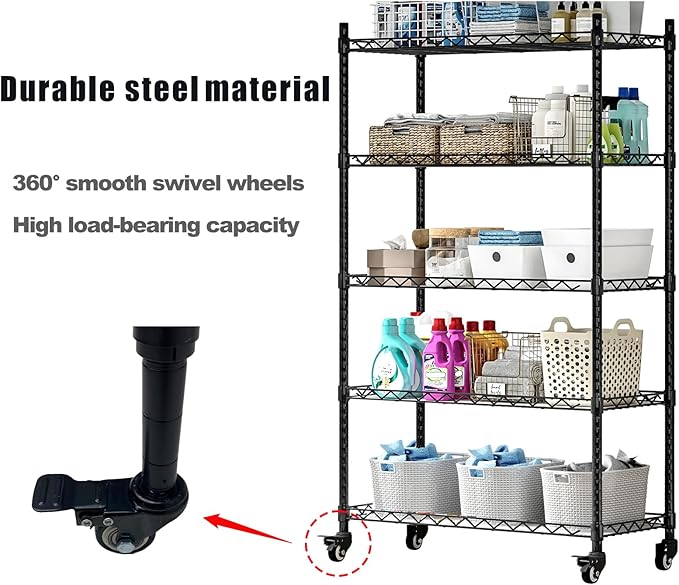 5 Shelf Storage Rack Adjustable Organizer with Wheels Metal Heavy Duty Standing Shelf Units for Terrace Garage Kitchen Bathroom Black 29.53” L x 13.78” W x 63.86” H (Black, 5 Shelf with Wheel)