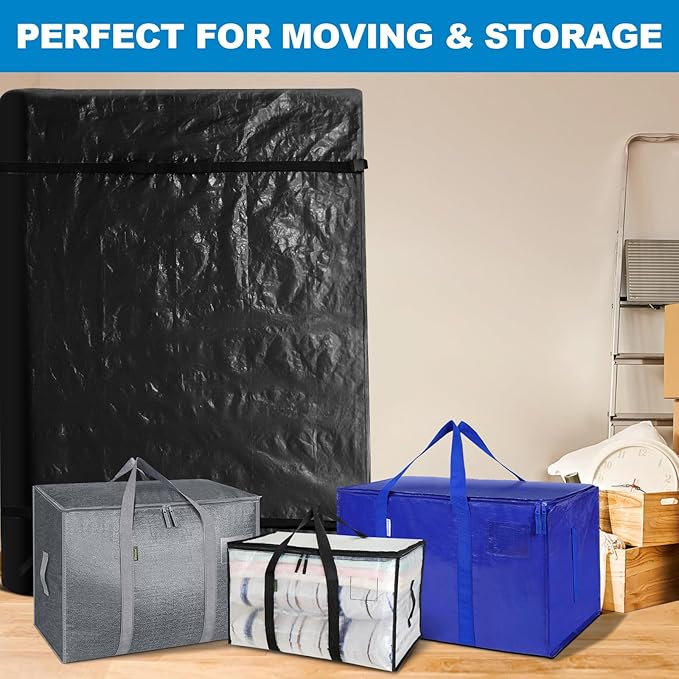 TICONN Mattress Bags for Moving, Heavy Duty Queen Mattress Cover Storage Bag with Full-Around Handle and Adjustable Buckles (Black, Queen)