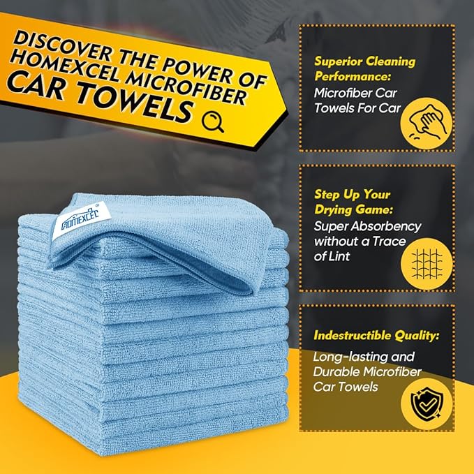 HOMEXCEL Blue Microfiber Cleaning Cloth 12 Pack, 12.5 x 12.5 inch Microfiber Towels for Cars, Ultra Absorbent Car Washing Cloth, Lint Free Streak Free Cleaning Rags for Car, Kitchen, and Window