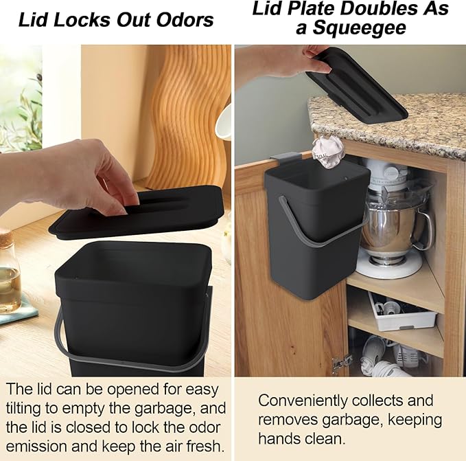 Compost Bin Kitchen, Bring 5 Rolls (100) of Garbage Bags, for Use on Countertops or Under Sinks, Hanging Trash Can with Lid, for Cupboard/Bathroom/Bedroom/Office/Camping(Black 0.8 Gallon/3L)
