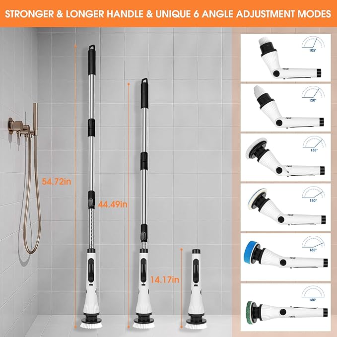 Electric Spin Scrubber, Cordless Cleaning Brush, 54" Extendable Handle Shower Cleaner Brush - 6 Adjustable Angles, 8 Brush Heads & 2 Speeds, Shower Scrubber for Bathroom Bathtub Tile Floor