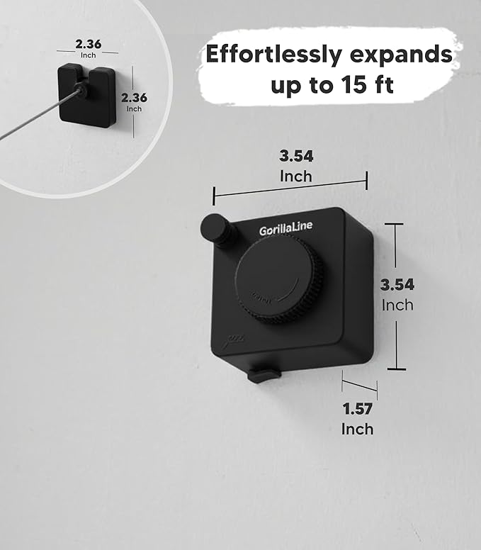 GorillaLine Basic - Retractable Clothesline Indoor Outdoor Clothes Line - Heavy Duty Clothes Drying Laundry Line - Wall Mounted Drying Rack - Air Dry Clothing - 15ft line Max Tighten with GorillaGrip