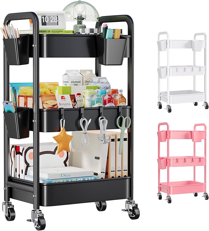 3 Tier Rolling Cart with Lockable Wheels, Metal Diaper Caddy Cart Organizer for Baby Essentials, Black Storage Utility Cart for Craft, Snack, Rolling Carts with Wheels for Lash Techs, Art, Bathroom