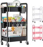 3 Tier Rolling Cart with Lockable Wheels, Metal Diaper Caddy Cart Organizer for Baby Essentials, Black Storage Utility Cart for Craft, Snack, Rolling Carts with Wheels for Lash Techs, Art, Bathroom