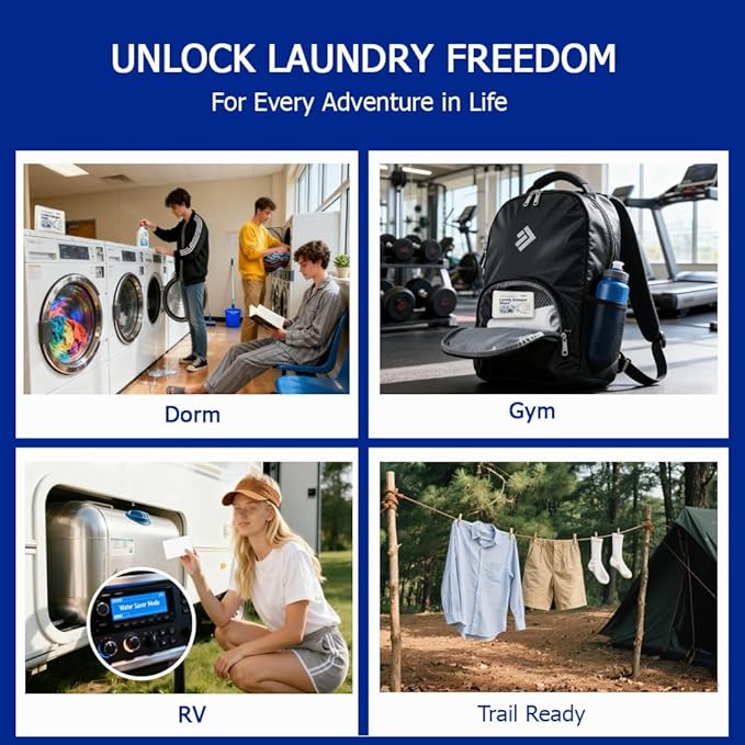 Fragrance-Free Laundry Sheets (32 Loads) - Ultra-Concentrated Travel Detergent in Compact Storage Box, 5-Second Dissolve, 2X Stain Removal, HE-Safe, TSA Approved Detergent Sheets