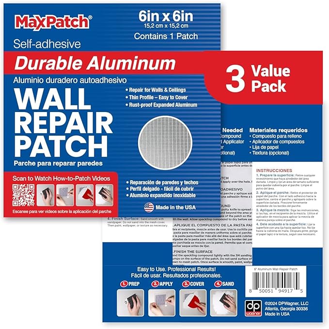 MaxPatch® 6 in. x 6 in. Aluminum Self-Adhesive Wall Repair Patch (3-Pack) – Expanded Perforated Rust-Resistant Aluminum with Strong Adhesive Backing for Interior Wall Repairs