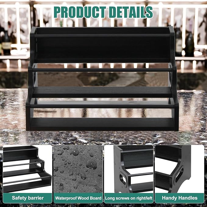 AT-VALY 3-Tier Spice Rack, Iron&MDF Kitchen Storage Shelf, Space-Saving Countertop Organizer for Spices, Herbs, Seasonings, Sturdy Stylish Condiment Holder,Countertop Wine Rack (Black Grain)