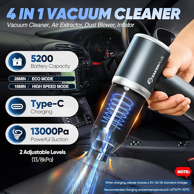 Mini Vacuum Cleaner, 3 in 1 Cordless Handheld Vacuum Cleaner, 13000Pa High Power Car Vacuum Cleaner with Brushless Motor,Adjustable Car Vaccum Portable Cordless for Cars,Desktop-DBS03
