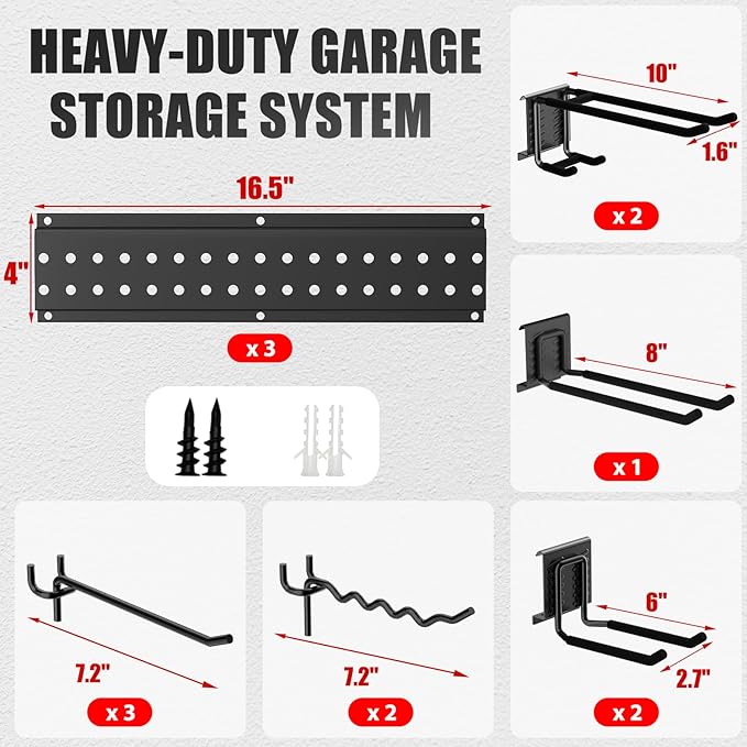 Garage Tool Organizer Wall Mount 48 inches with 10 Adjustable Heavy-Duty Hooks, Garage Organization, Garden Tool Storage Rack, Yard, and Shed, Holds Up to 400 lbs